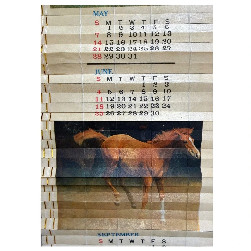 Vintage 1988-1989 Bamboo Slatted Double-Sided HORSE Calendar Roll 31.5